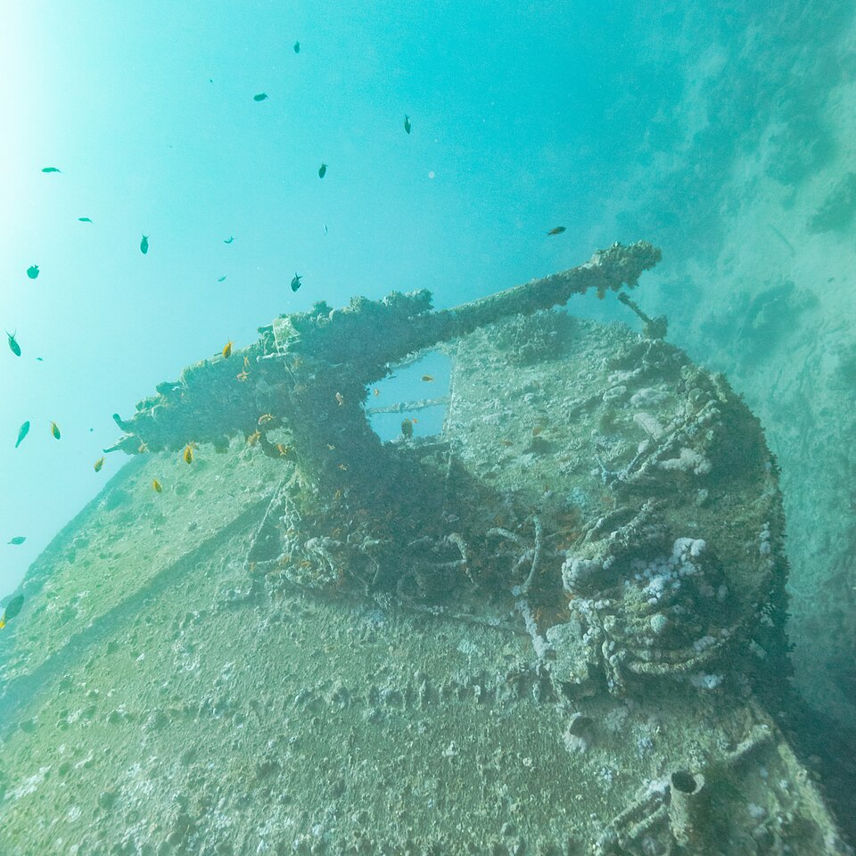 Coral-covered deck gun on the SS Thistlegorm wreck.