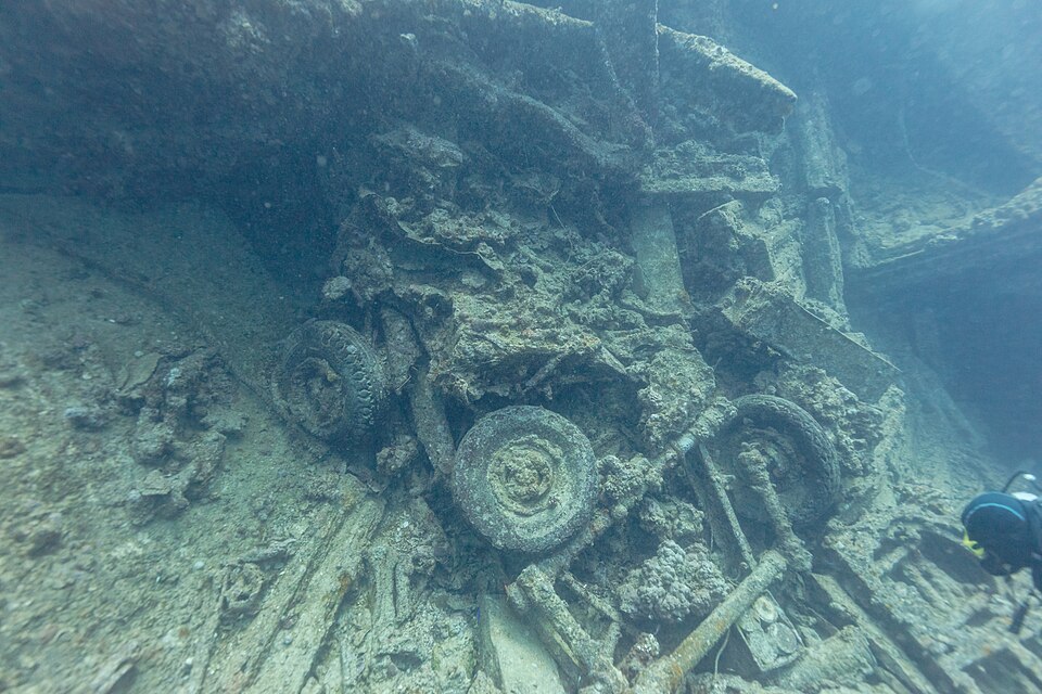 Truck wheels and wreck cargo on the SS Thistlegorm.