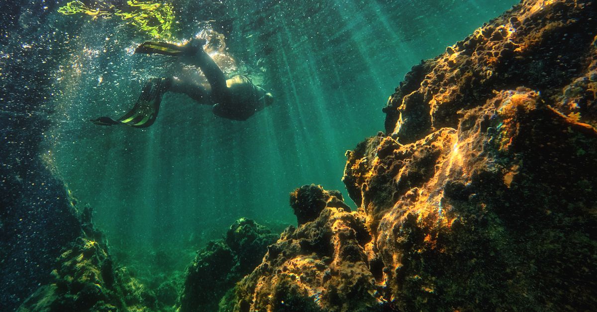 A new diver practicing horizontal trim and buoyancy control in clear water.